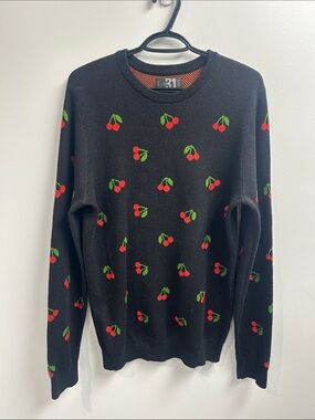 Simons Black Crewneck Sweater with Red Cherry Motif
